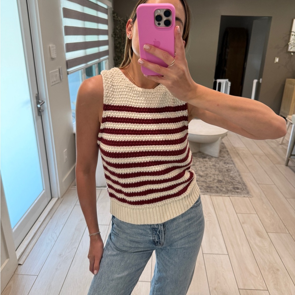 Zara Cream and Burgundy Striped Knit Tank Top